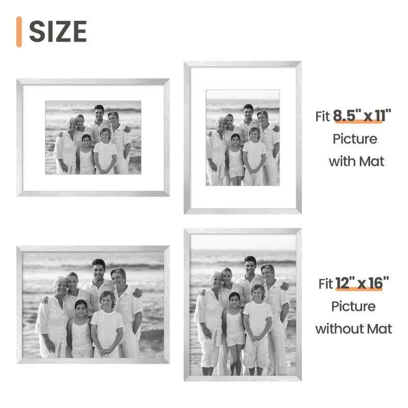 upsimples 12x16 Picture Frame, Display Pictures 8.5x11 with Mat or 12 x 16 Without, Wall Hanging Poster Frames, Silver, 1 Pack - Image 3