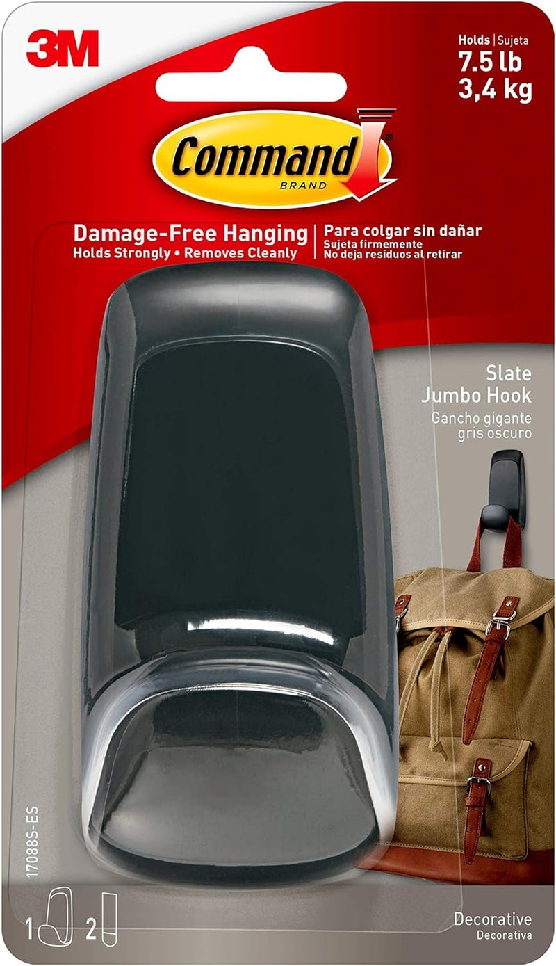 Command Jumbo Hook, Slate, 1-Hook, 2-Strips, 7.5 lb. Capacity, Decorate Damage-Free - Image 1