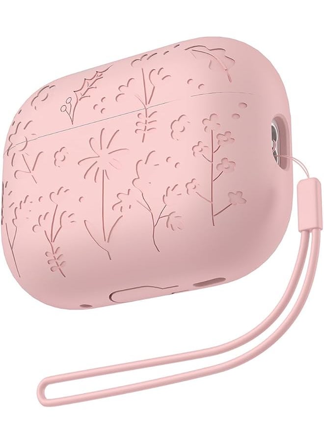 erorex - Flora Engraved Case For Airpods 4 With Active Noise Cancellation Cover Shockproof Protective Sofe Silicone Case With Lanyard For Airpods 4Th Generation Pink - Image 1