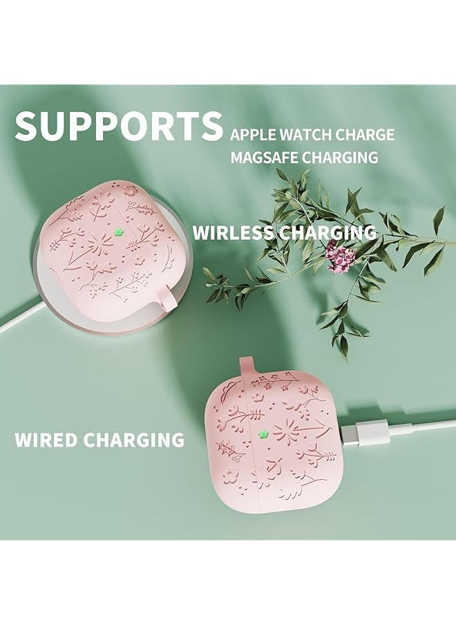 erorex - Flora Engraved Case For Airpods 4 With Active Noise Cancellation Cover Shockproof Protective Sofe Silicone Case With Lanyard For Airpods 4Th Generation Pink - Image 1