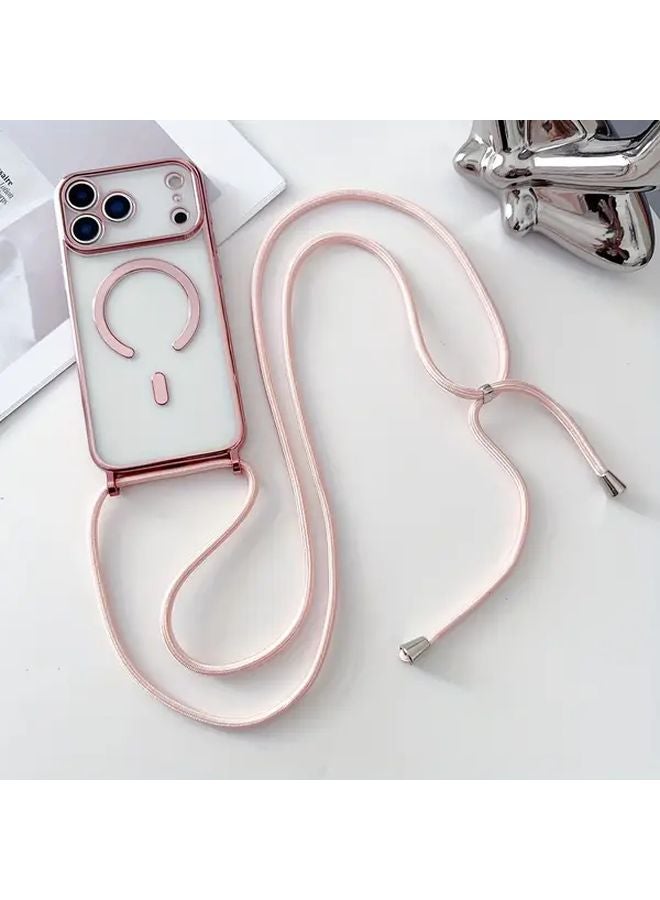Pink Crossbody Necklace Lanyard with Clear Magnetic Wireless Charging Phone Case for iPhone 13 - Image 1