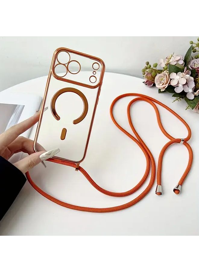 Pink Crossbody Necklace Lanyard with Clear Magnetic Wireless Charging Phone Case for iPhone 13 - Image 5