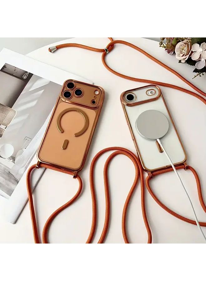 Pink Crossbody Necklace Lanyard with Clear Magnetic Wireless Charging Phone Case for iPhone 13 - Image 2