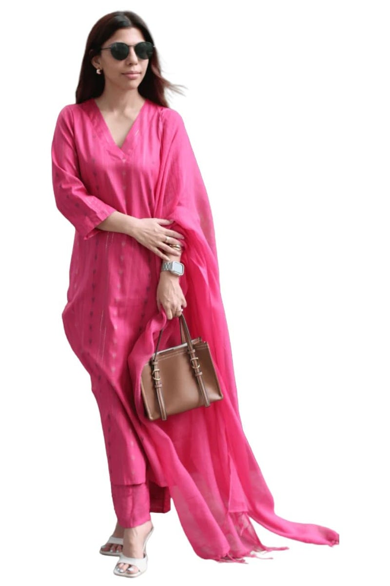 ANNI Designer Women's Rayon Viscose Straight Printed Kurta with Pant and Dupatta (Kintan Pink_L_Pink_Large) - Image 1