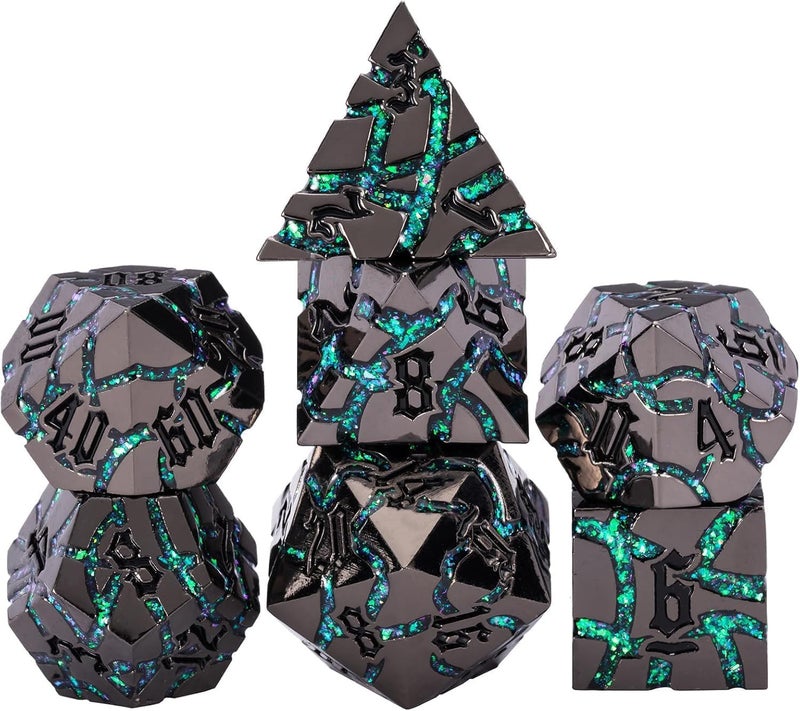 Maywin Cracked Rune Metal Dice Set for DND RPG Dark Fantasy Fractured Design Premium Heavy Metal Polyhedral Dice with Deep Engraved Numbers 7Piece Set Green Mystic Vein - Image 3