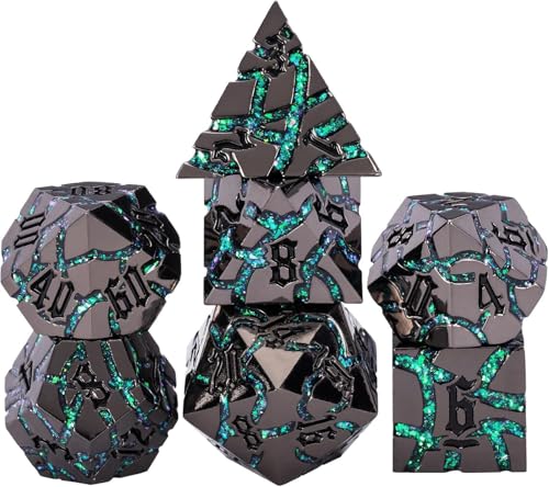 Maywin Cracked Rune Metal Dice Set for DND RPG Dark Fantasy Fractured Design Premium Heavy Metal Polyhedral Dice with Deep Engraved Numbers 7Piece Set Green Mystic Vein - Image 1