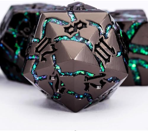 Maywin Cracked Rune Metal Dice Set for DND RPG Dark Fantasy Fractured Design Premium Heavy Metal Polyhedral Dice with Deep Engraved Numbers 7Piece Set Green Mystic Vein - Image 5