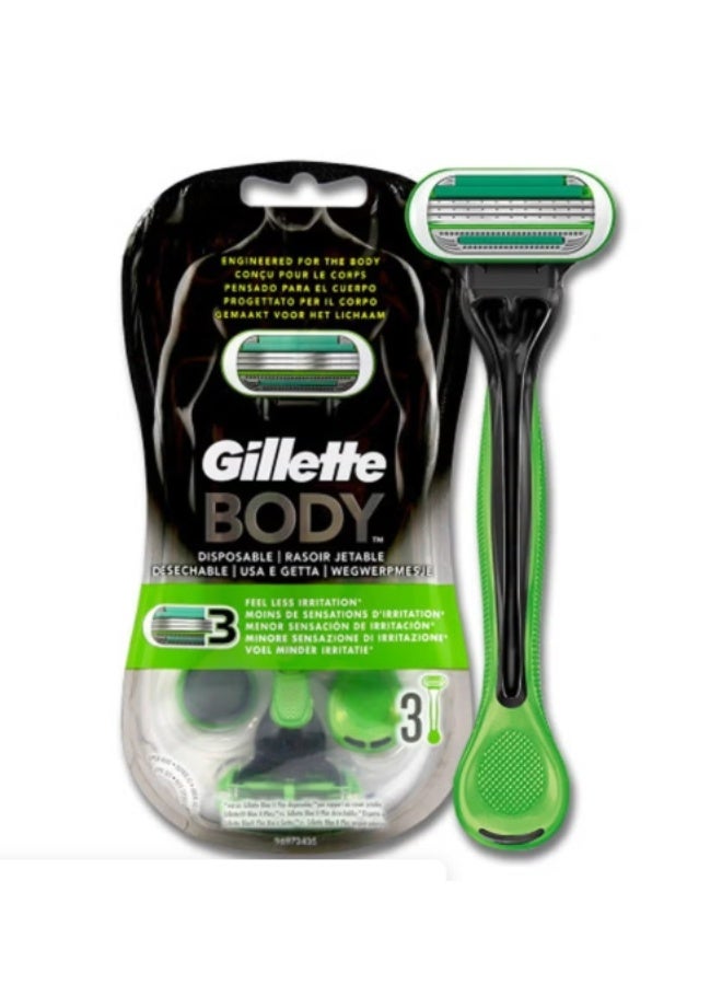 Gillette Men's Body Razor, 3 Blades, Green - Pack of 3