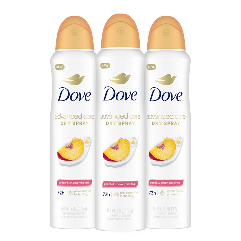 Dove دوف رذاذ مزيل العرق المتقدم للعناية تحت الإبط برائحة الخوخ وشاي البابونج 3 قطع يعزز مستويات السيراميد في البشرة تحكم في الرائحة لمدة 72 ساعة وحماية من العرق طوال اليوم تقنية برو سيراميد 3.8 أونصة - Image 1