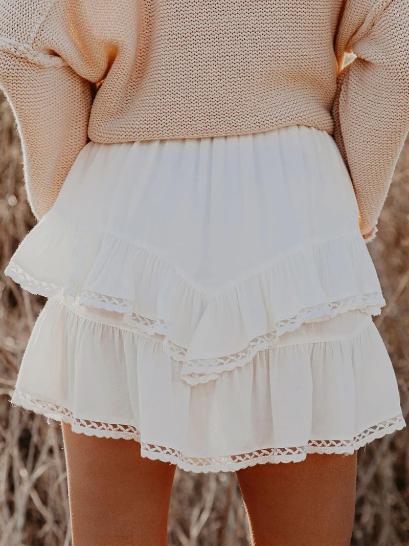 Aoudery Flowy Shorts for Women Casual Boho Ruffle Tiered Skorts High Waist Mini Skirts Golf Tennis Butterfly Crochet Shorts - A White S - Image 2