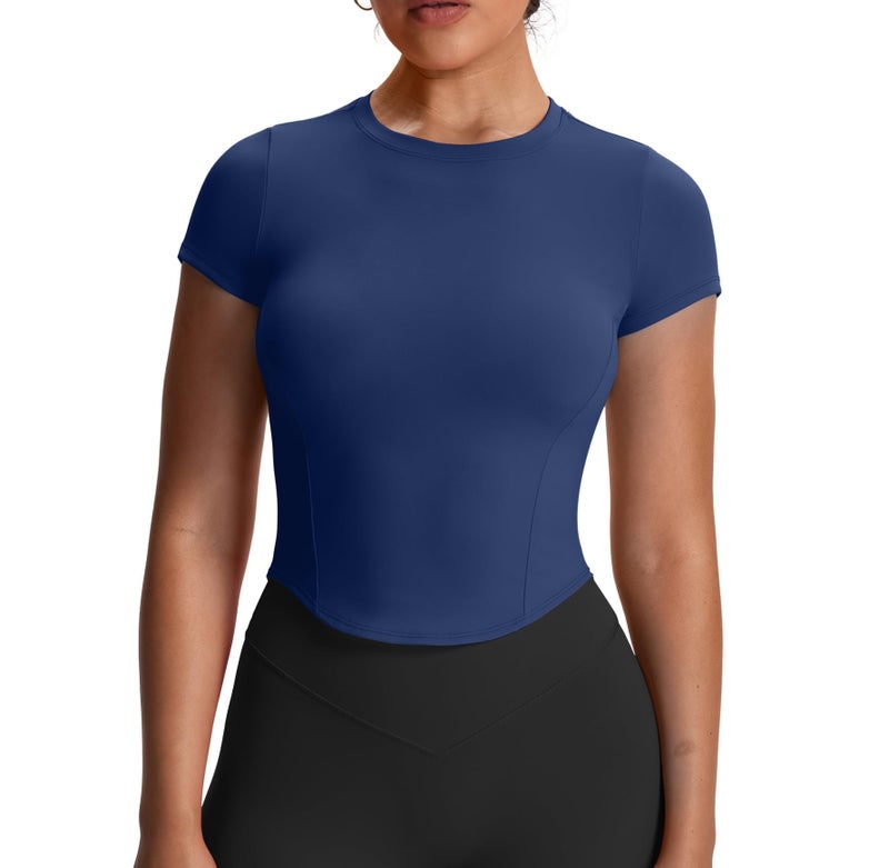 Aoxjox Womens Short Sleeve TShirts GEO Baby Tee Workout Gym Yoga Crop Top Without Builtin Bra Navy Small - Image 2