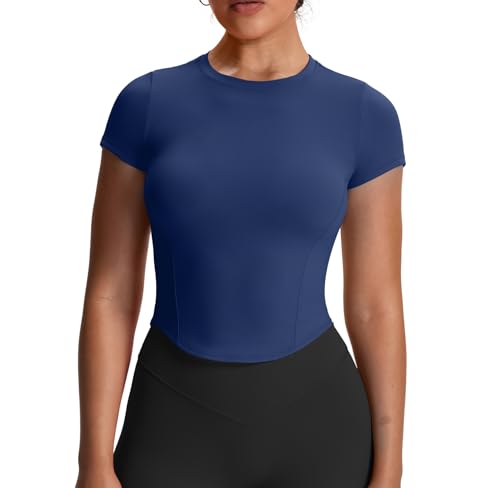 Aoxjox Womens Short Sleeve TShirts GEO Baby Tee Workout Gym Yoga Crop Top Without Builtin Bra Navy Small - Image 1