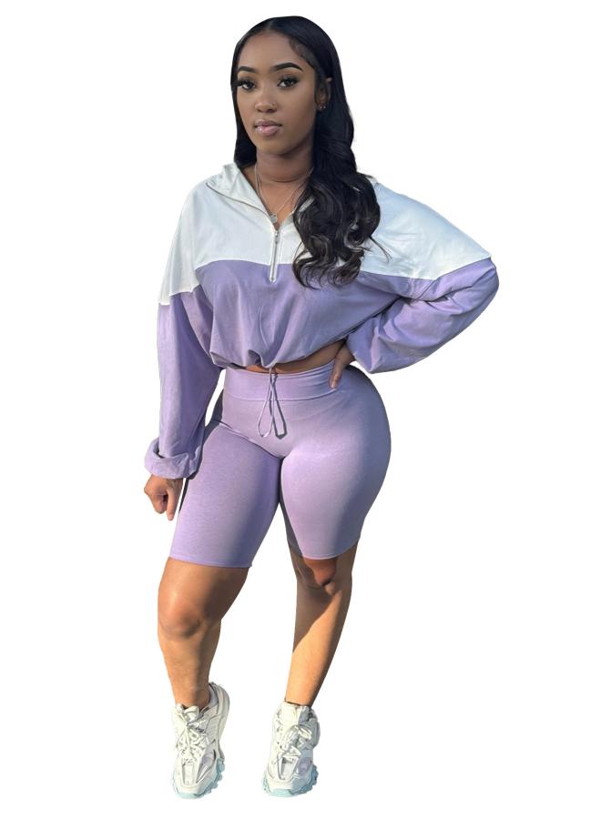 Hr24039 European And American Women's Rubber Buckle Waist Contrast Long Sleeve Shorts Sports Leisure Suit