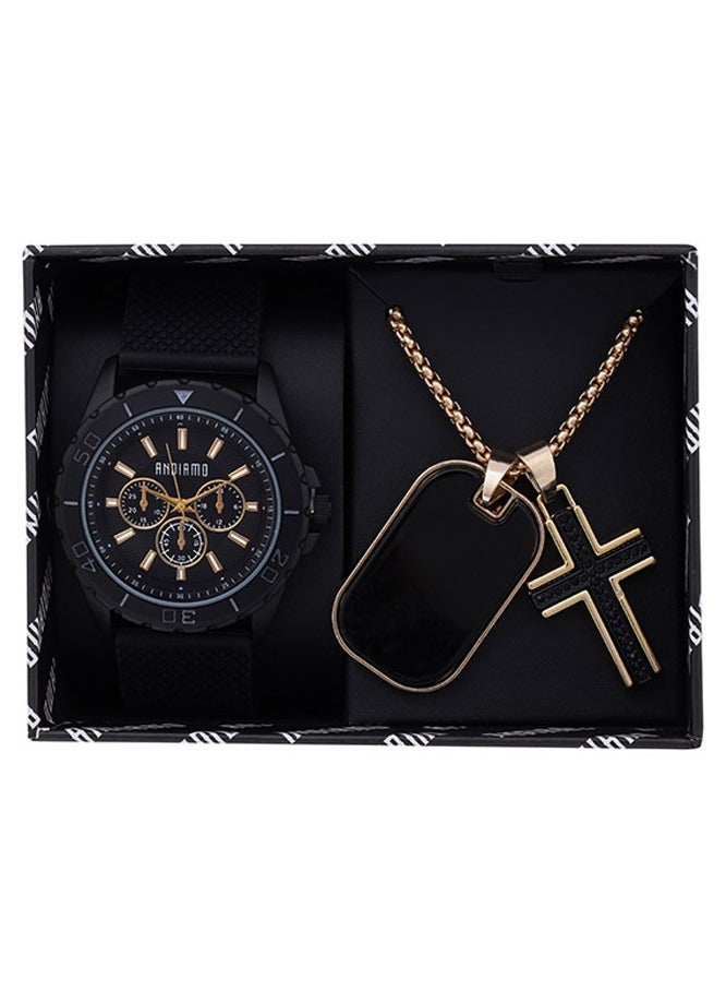 ANDIAMO Men's Chronograph Analog Black Dial Black Silicone Strap Set Watch
