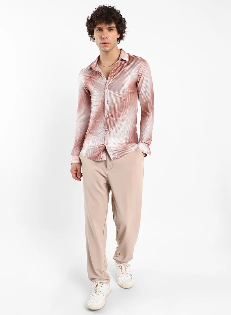 Campus Sutra Men's Mocha Brown & Ivory White Ombre-Pleated Shirt