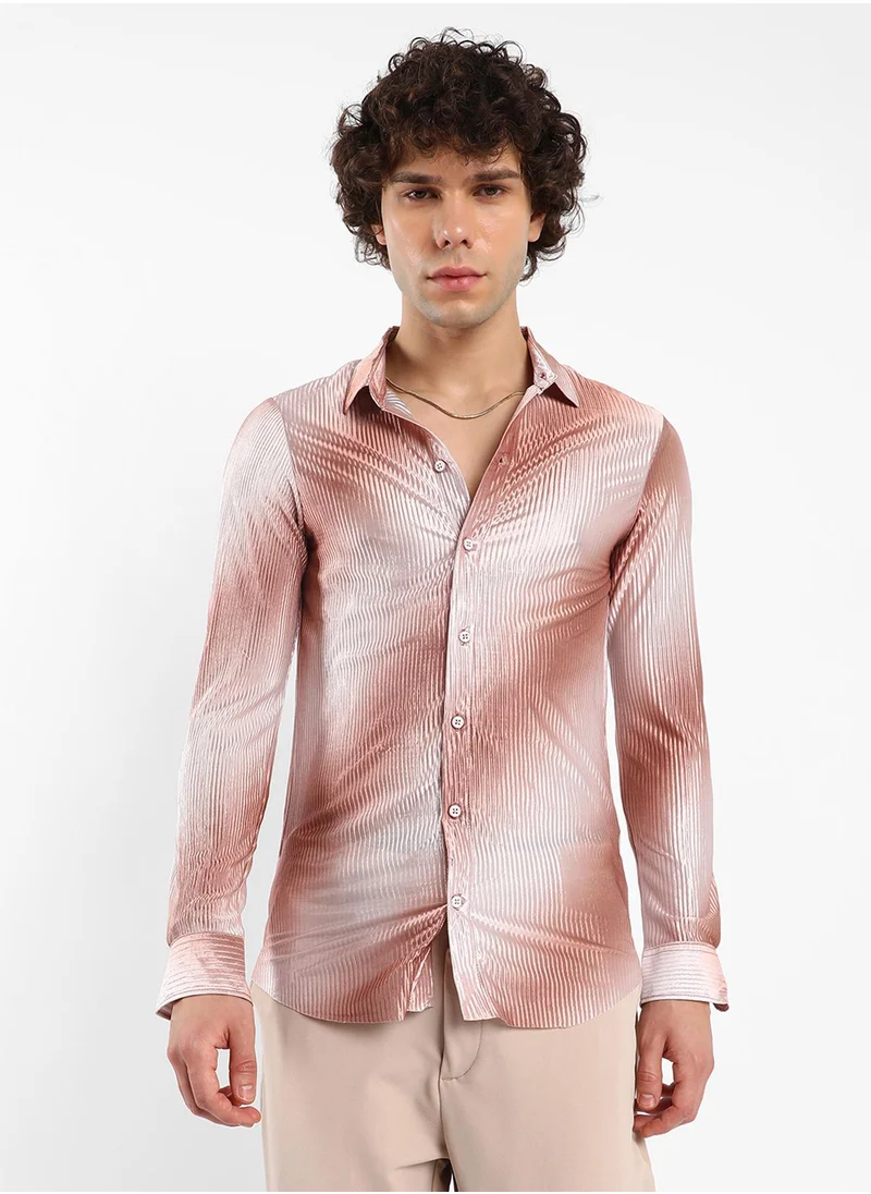 Campus Sutra Men's Mocha Brown & Ivory White Ombre-Pleated Shirt
