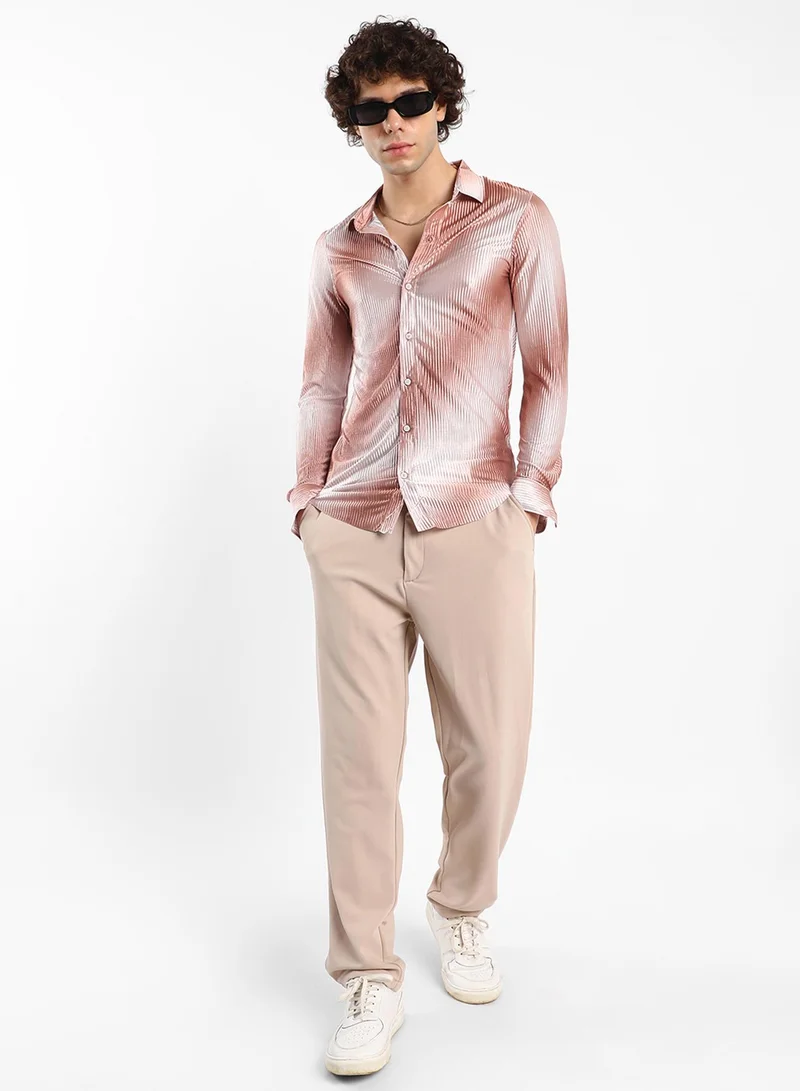 Campus Sutra Men's Mocha Brown & Ivory White Ombre-Pleated Shirt