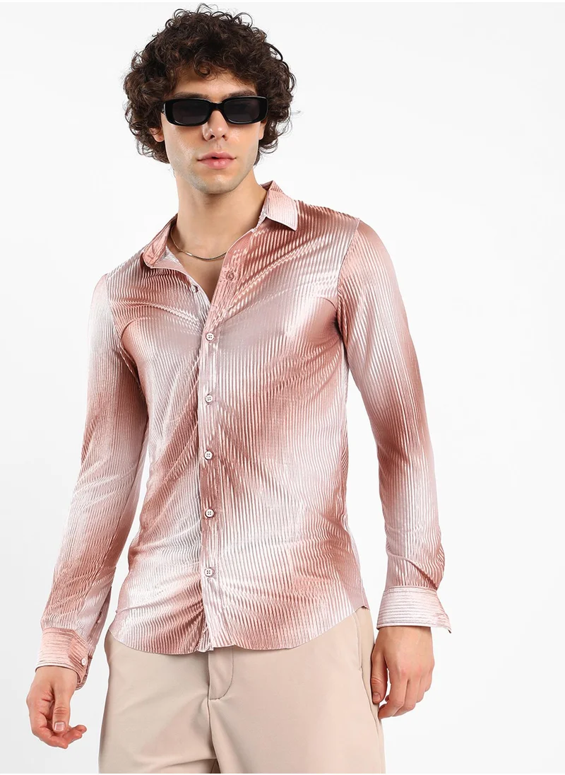 Campus Sutra Men's Mocha Brown & Ivory White Ombre-Pleated Shirt