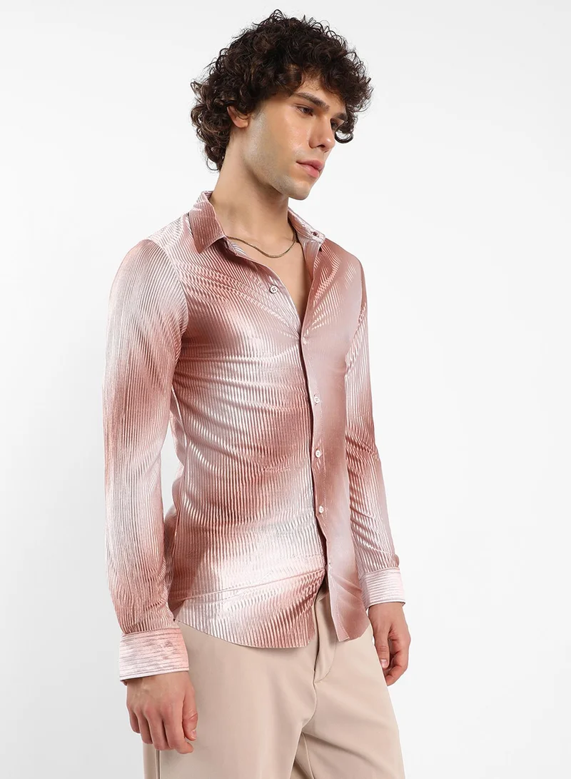 Campus Sutra Men's Mocha Brown & Ivory White Ombre-Pleated Shirt