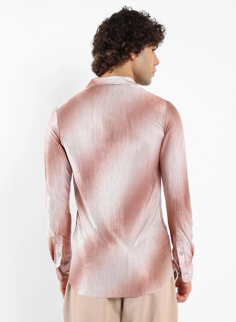 Campus Sutra Men's Mocha Brown & Ivory White Ombre-Pleated Shirt
