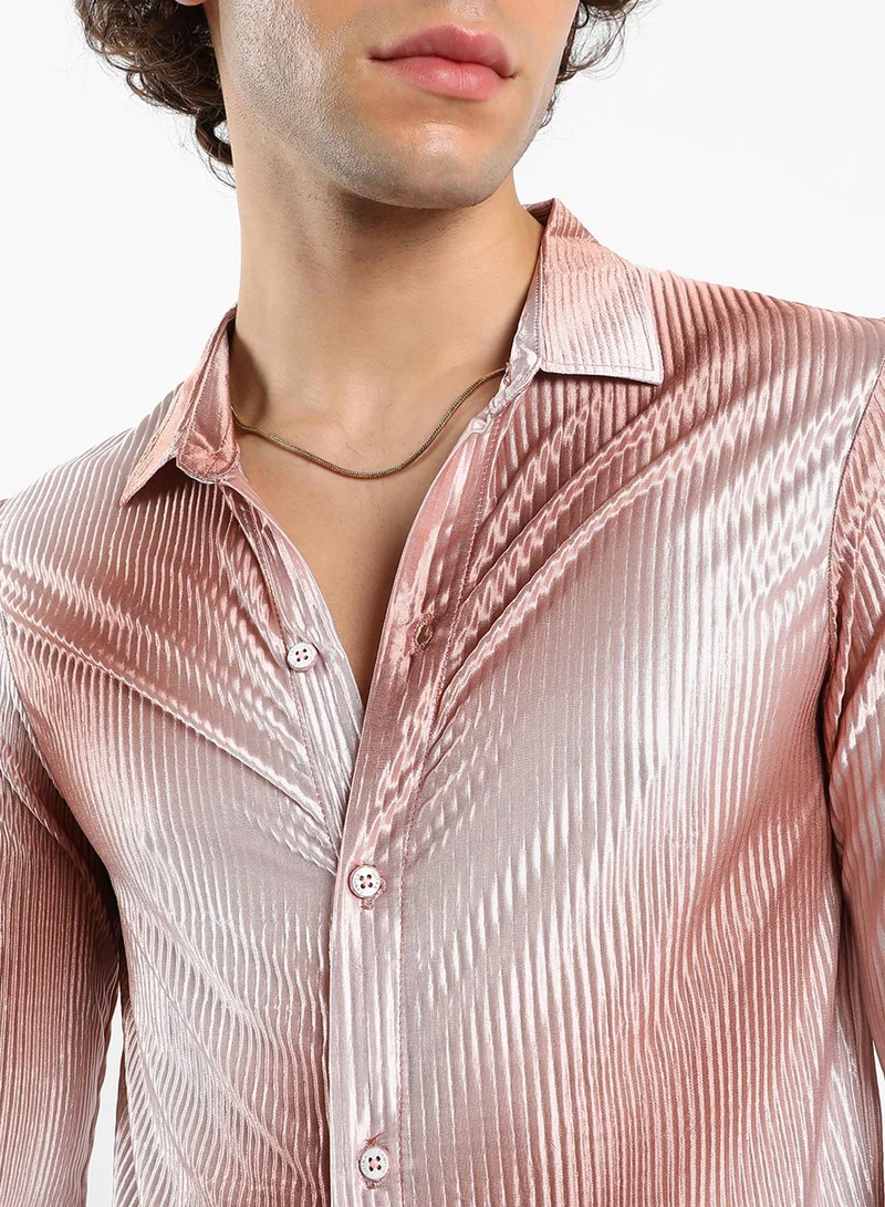 Campus Sutra Men's Mocha Brown & Ivory White Ombre-Pleated Shirt