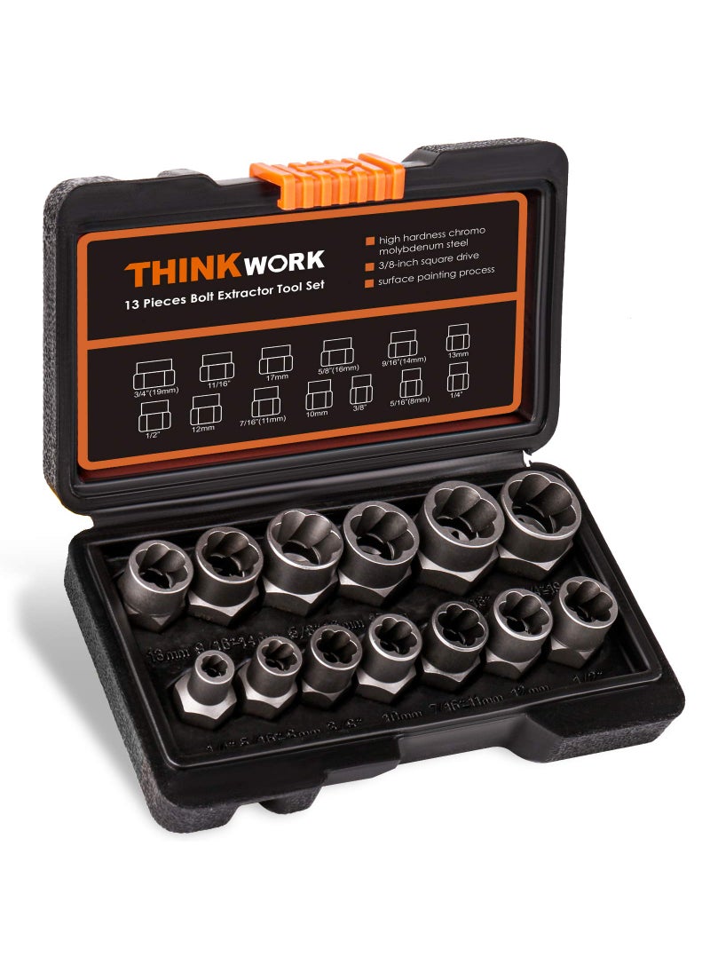 THINKWORK THINKWORK Bolt Extractor Set, 13+1 Pieces Impact & Nut Remover Stripped Lug Remover, Extraction Socket Set for Removing Damaged, Frozen, Rusted, Rounded-Off Bolts, Nuts Screws  - Image 1