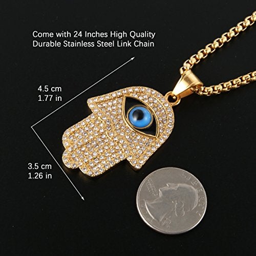 HZMAN 18k Gold Plated Iced Out CZ Stainless Steel Blue Evil Eye Beads Fatima Hamsa Hand Pendant Necklace (Gold) - Image 4