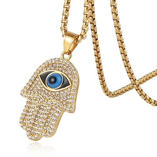 HZMAN 18k Gold Plated Iced Out CZ Stainless Steel Blue Evil Eye Beads Fatima Hamsa Hand Pendant Necklace (Gold) - Image 2