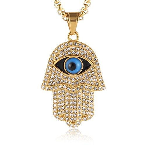 HZMAN 18k Gold Plated Iced Out CZ Stainless Steel Blue Evil Eye Beads Fatima Hamsa Hand Pendant Necklace (Gold) - Image 1