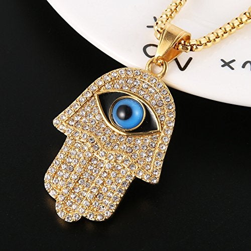 HZMAN 18k Gold Plated Iced Out CZ Stainless Steel Blue Evil Eye Beads Fatima Hamsa Hand Pendant Necklace (Gold) - Image 3