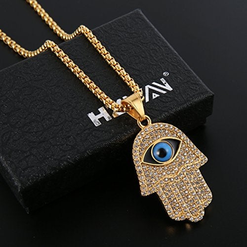 HZMAN 18k Gold Plated Iced Out CZ Stainless Steel Blue Evil Eye Beads Fatima Hamsa Hand Pendant Necklace (Gold) - Image 5
