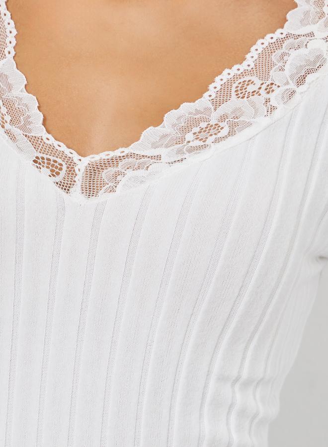 Take Two White Ribbed Top with Lace Trim - Image 4