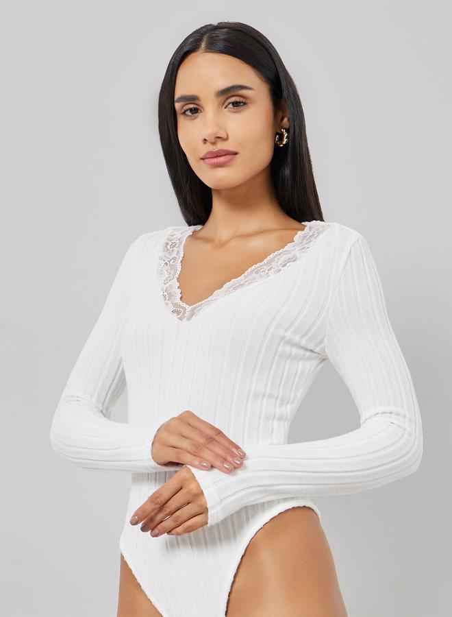 Take Two White Ribbed Top with Lace Trim - Image 1