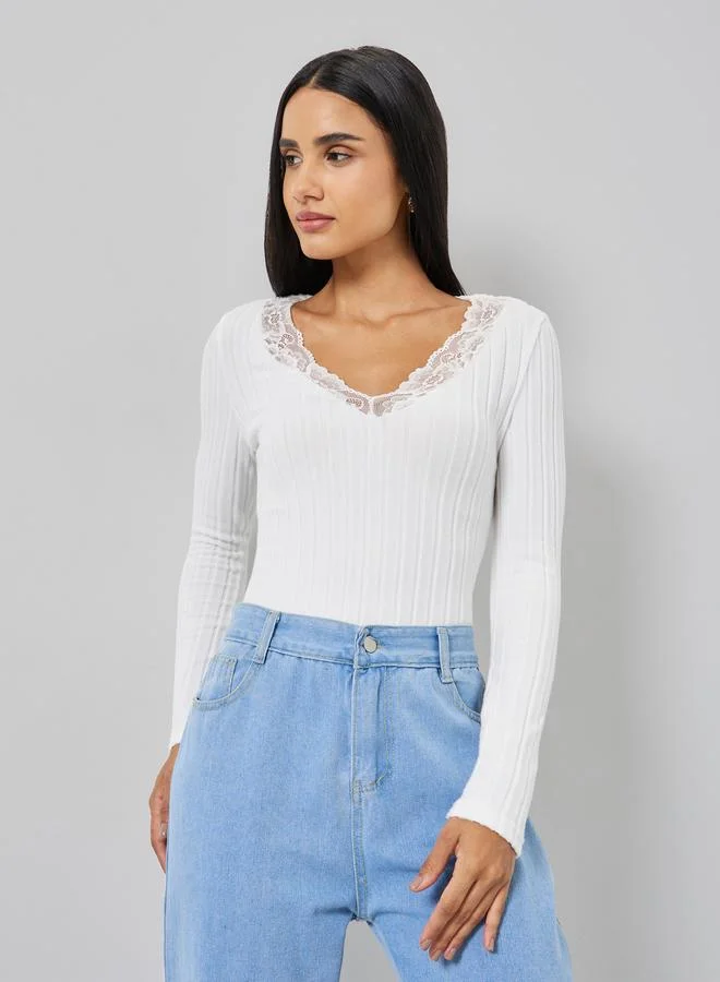 Take Two White Ribbed Top with Lace Trim