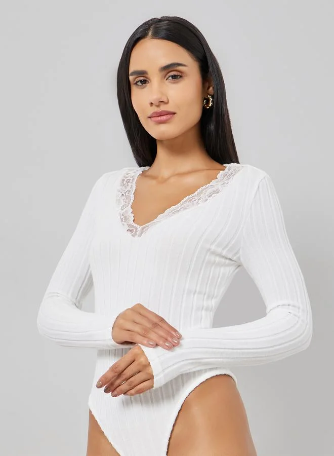 Take Two White Ribbed Top with Lace Trim