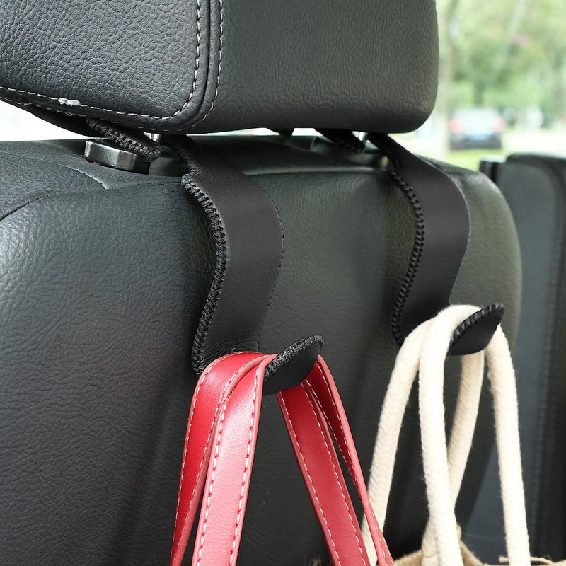 Amooca Car Seat Headrest Hook Universal Vehicle Storage Hanger Leather with Metal Car Seat Back Organizer for Handbag Purse Coat Black 2 Pack - Image 2