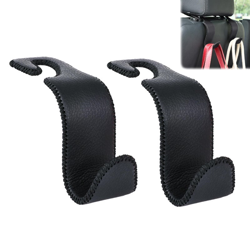 Amooca Car Seat Headrest Hook Universal Vehicle Storage Hanger Leather with Metal Car Seat Back Organizer for Handbag Purse Coat Black 2 Pack - Image 1