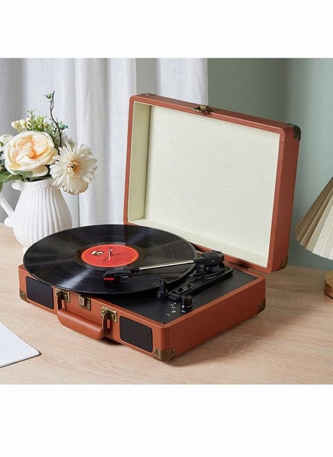 Vinyl Record Player Turntable Wireless Portable Phonograph with Speakers Suitcase Design Bluetooth USB 3 Speed  Brown