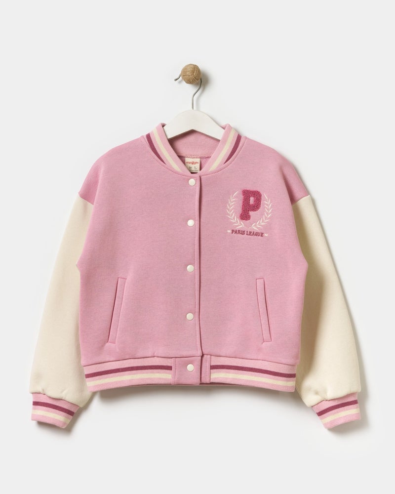 Minipodyum Girls Paris Slogan Embroidered Snap Front Closure Bomber College Jacket  - Image 1