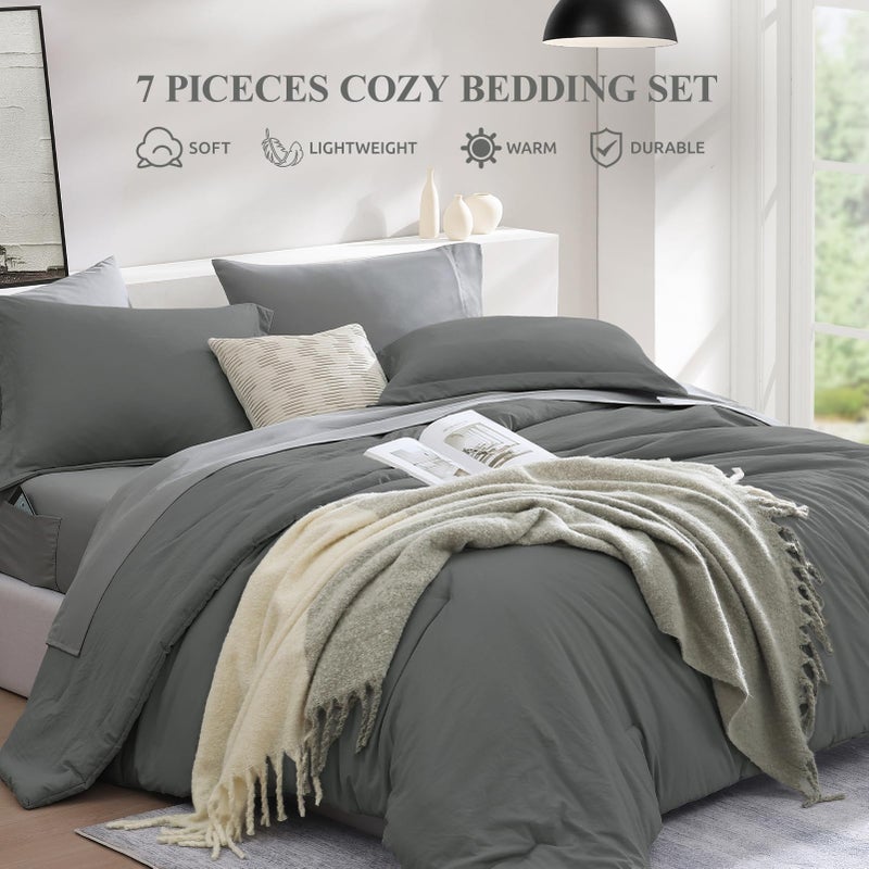 WRENSONGE Queen Comforter Set- 7 Pieces Soft Grey Bed in a Bag with Fitted Sheet, Flat Sheet, 2 Pillow Shams, and 2 Pillowcases- Warm Bedding Sets Queen for All Season - Image 2