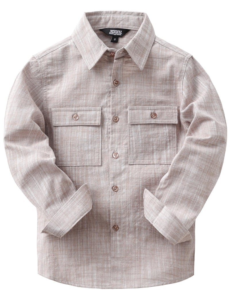 JOGAL Boys Chambray Shirts Long Sleeve Casual Button Down Shirts Solid Cotton Shirt with Flap Chest Pocket Khaki 14 - Image 1