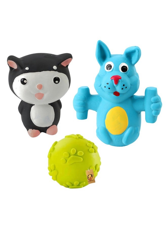 3In1 Combo Of Latex Rubber Squeaky Dog Toys - (Claw Ball + Kitty Toy + Blue Doggy) For Small To Medium Dogs And Puppies | Non-Toxic, Soft Rubber, Interactive, Chewing, Teething, Fetch - Image 1