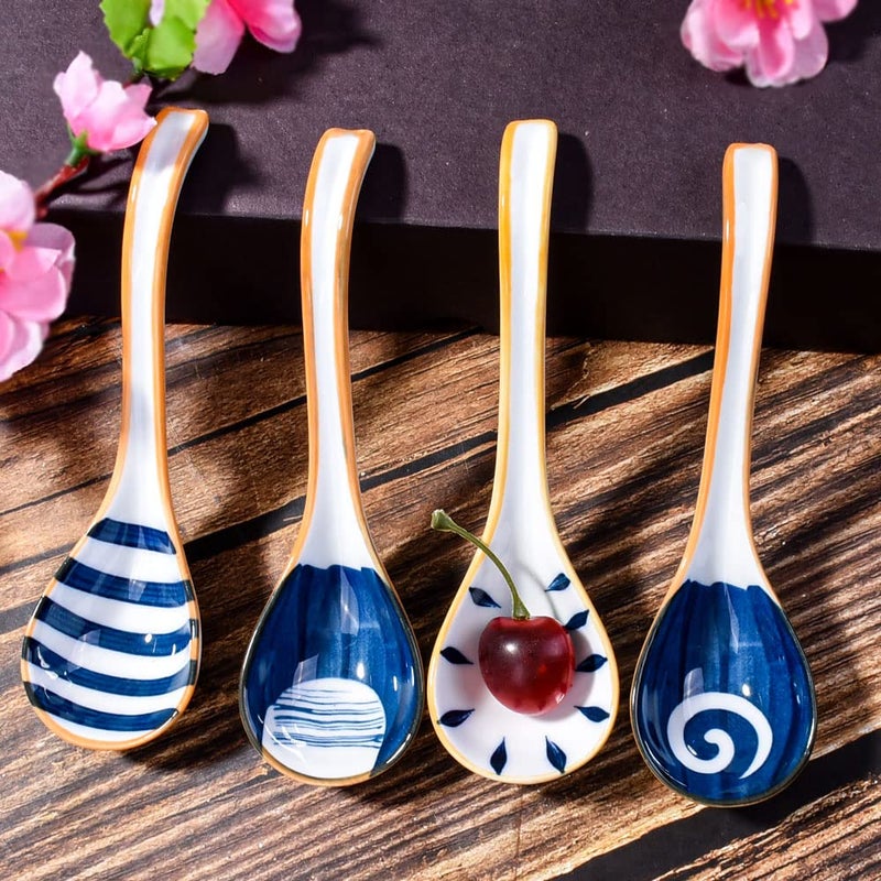 Cerficer Asian Ceramic Soup Spoons Japanese Soup Spoon Set Of 4 Porcelain Long Handle Japanese Ramen Soopn For Pho Ramen Noodles Wonton Dumpling Rice - Image 5