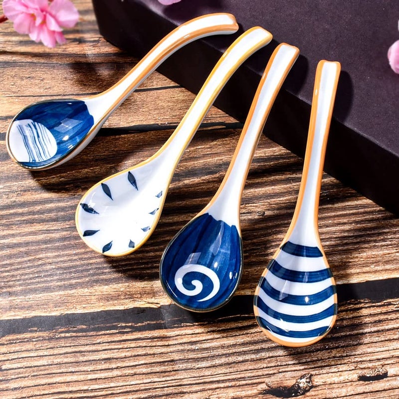 Cerficer Asian Ceramic Soup Spoons Japanese Soup Spoon Set Of 4 Porcelain Long Handle Japanese Ramen Soopn For Pho Ramen Noodles Wonton Dumpling Rice - Image 2