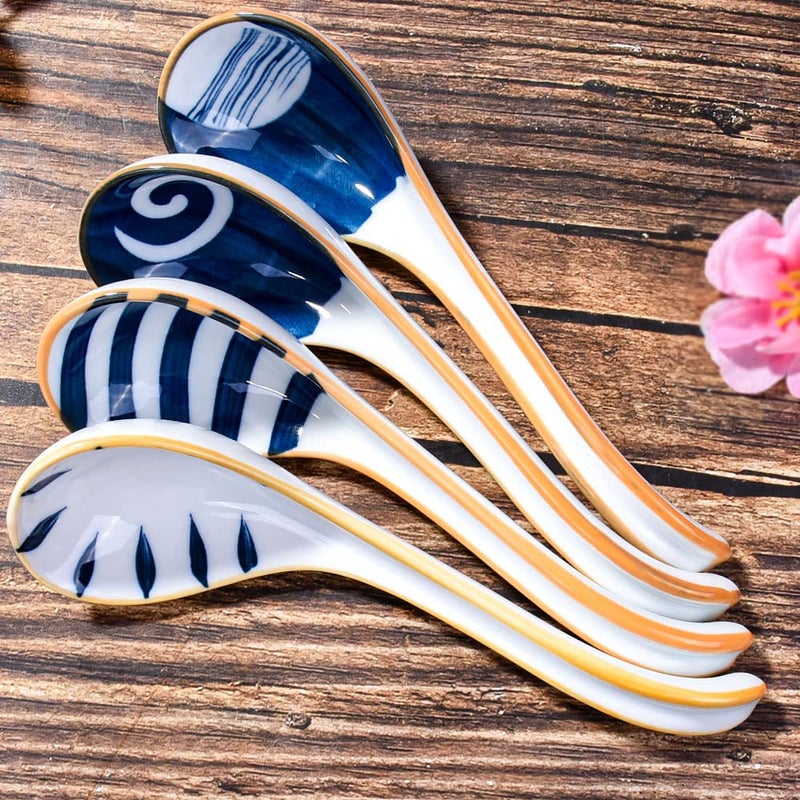 Cerficer Asian Ceramic Soup Spoons Japanese Soup Spoon Set Of 4 Porcelain Long Handle Japanese Ramen Soopn For Pho Ramen Noodles Wonton Dumpling Rice - Image 3