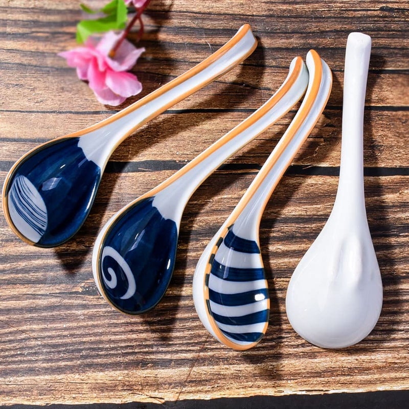 Cerficer Asian Ceramic Soup Spoons Japanese Soup Spoon Set Of 4 Porcelain Long Handle Japanese Ramen Soopn For Pho Ramen Noodles Wonton Dumpling Rice - Image 4