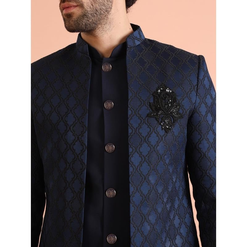 KISAH Mens Jacket Sherwani Trouser Set|Silk Blend Fabric Jacquard Pattern Indo-Western Sherwani Set for Men|Regular Fit Mandarin Collar Long Sleeves, Navy Blue, 38 - Image 5