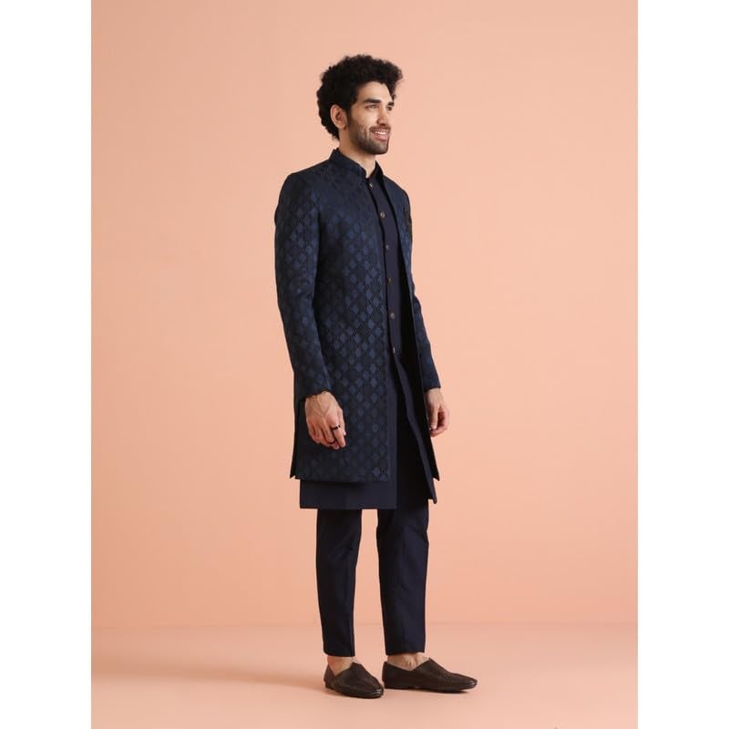 KISAH Mens Jacket Sherwani Trouser Set|Silk Blend Fabric Jacquard Pattern Indo-Western Sherwani Set for Men|Regular Fit Mandarin Collar Long Sleeves, Navy Blue, 38 - Image 2