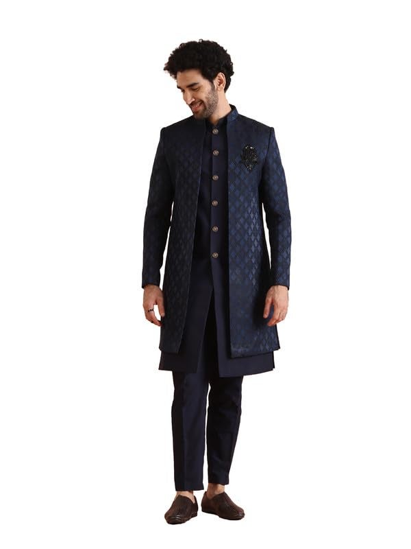 KISAH Mens Jacket Sherwani Trouser Set|Silk Blend Fabric Jacquard Pattern Indo-Western Sherwani Set for Men|Regular Fit Mandarin Collar Long Sleeves, Navy Blue, 38 - Image 1