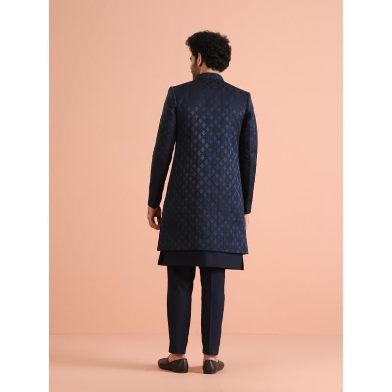 KISAH Mens Jacket Sherwani Trouser Set|Silk Blend Fabric Jacquard Pattern Indo-Western Sherwani Set for Men|Regular Fit Mandarin Collar Long Sleeves, Navy Blue, 38 - Image 4